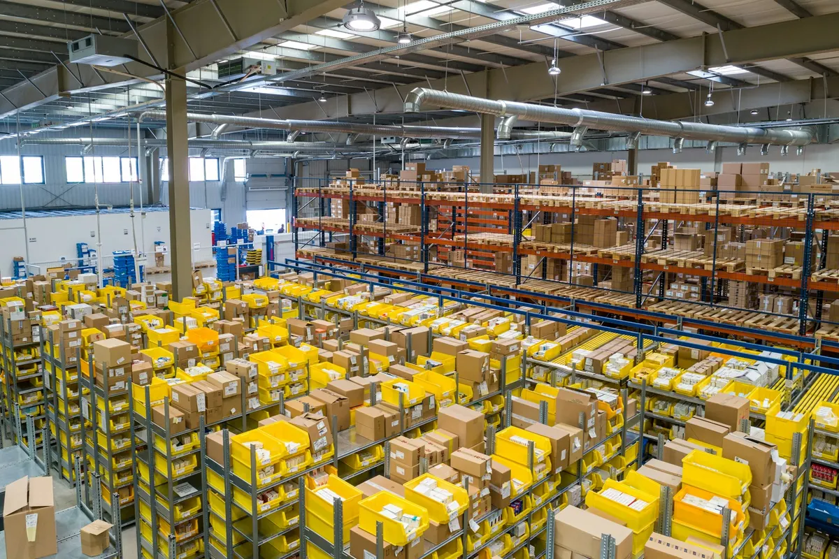Warehouse with shelves of boxed inventory