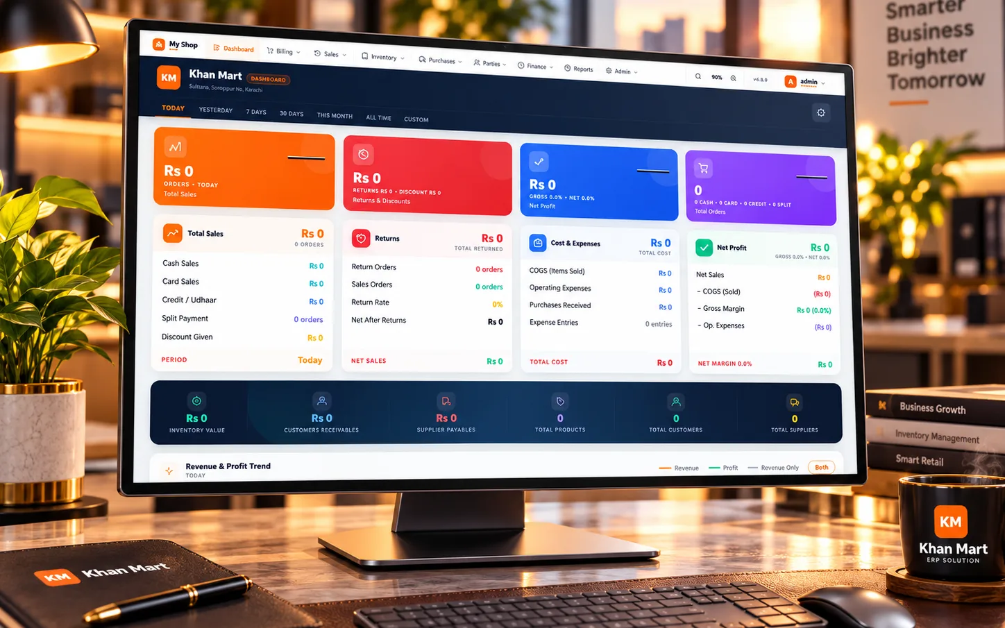 Pakrox ERP owner dashboard on a desktop monitor in an office