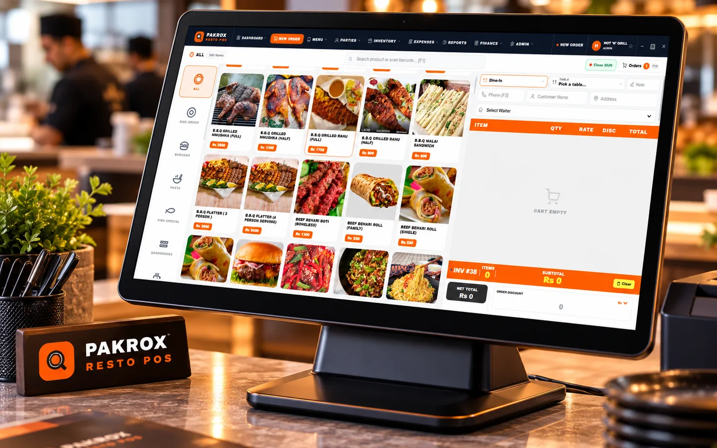 Pakrox Resto POS running on a counter terminal in a restaurant